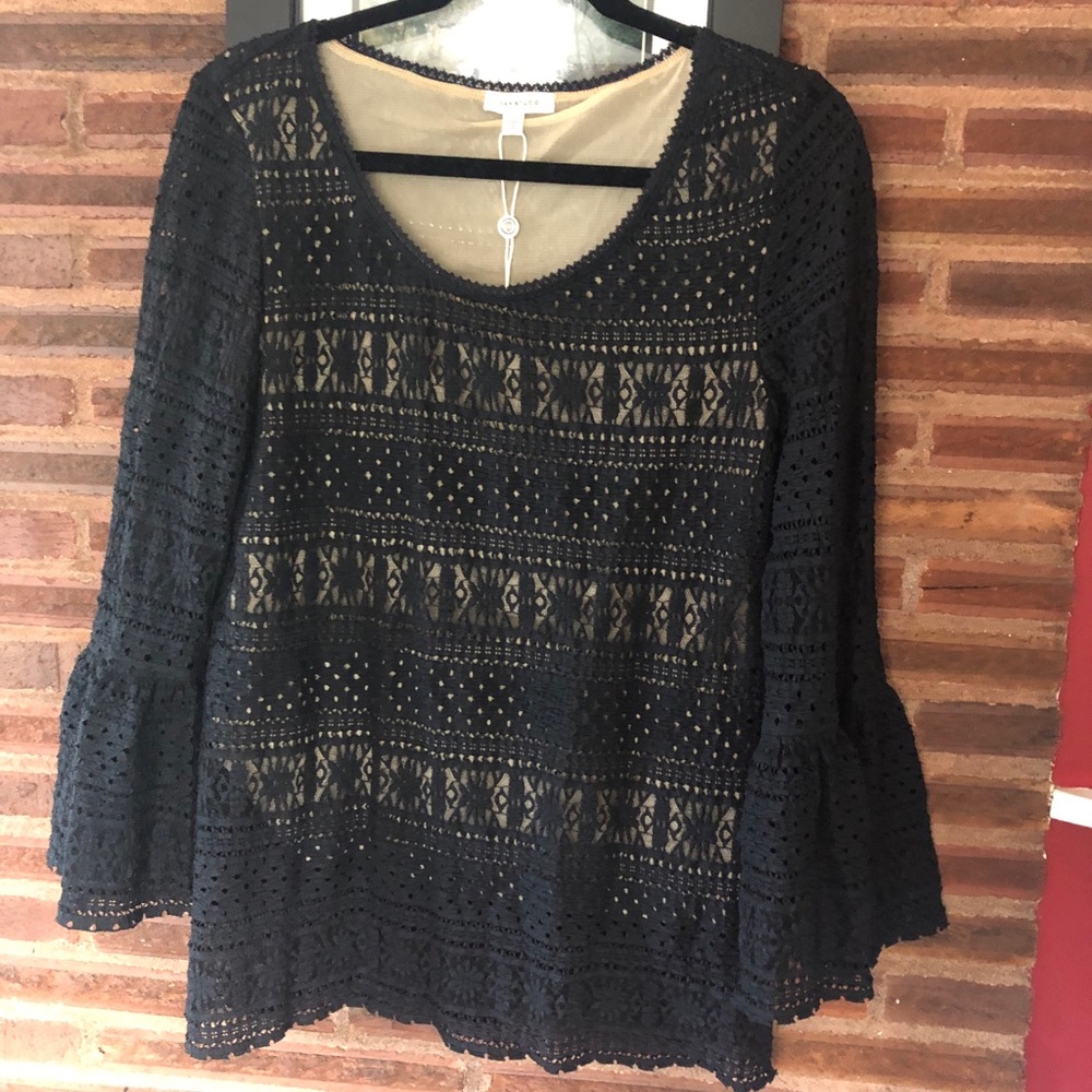 Max studio lace top with sheer bell sleeve NWT